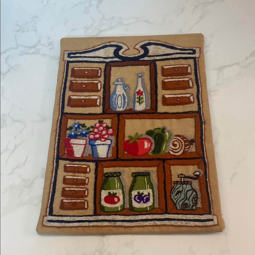 Vintage Hand Embroidered Art Work 80's Embroidery Kitchen Scene Fabric Home